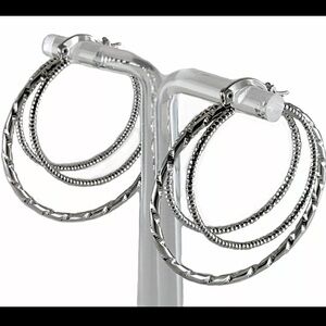 Earrings Hoop Silver Round Triple Diamond Cut Women 1.5"D 14K White Gold Plated